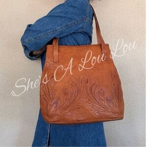 Hand-Tooled Leather Tote Bag - Tan